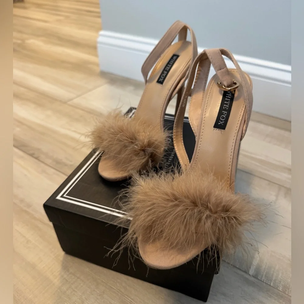 Sexy Tan Heels with Feather Detail - Picture 2 of 9